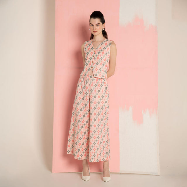 Pink Ikat Cotton Flex Waistcoat & Wide Leg Pant Co-Ord