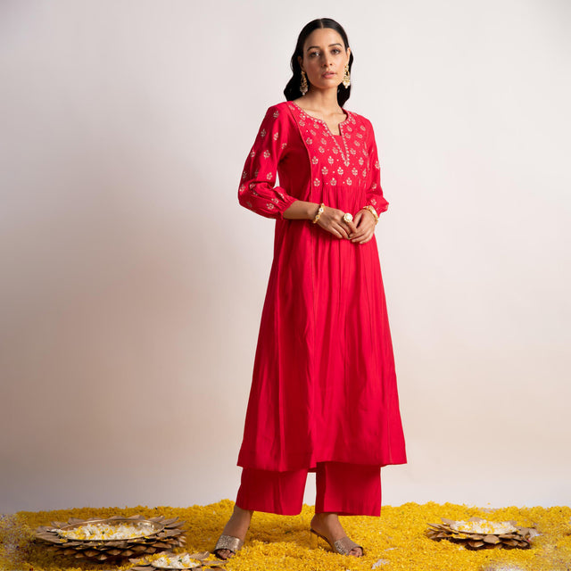 Pink Modal Silk Fabric A-Line Kurta with Pant