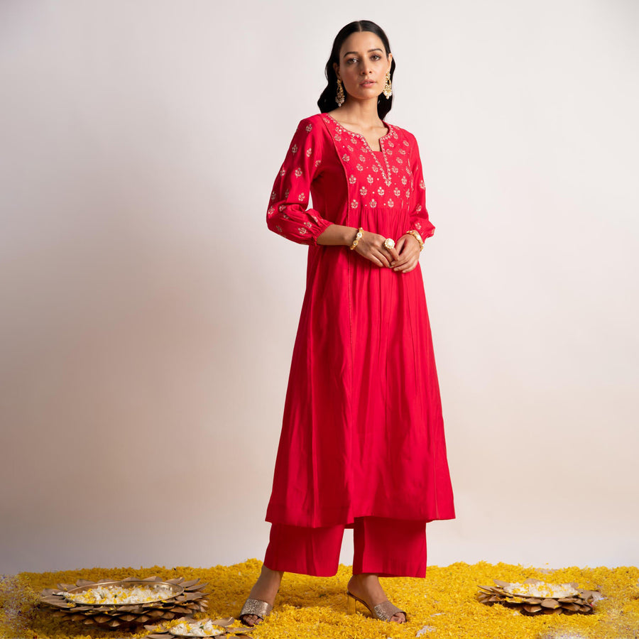 Pink Modal Silk Fabric A-Line Kurta with Pant