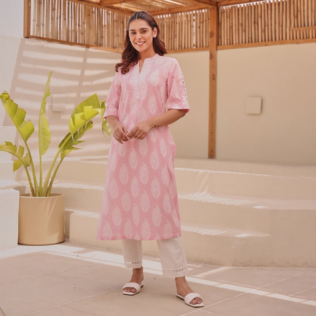 Pink Paisley Printed Cotton Kurta With Lace Detail