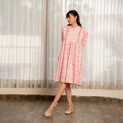 Pink Shibori Print Loose Fit Gathered Dress