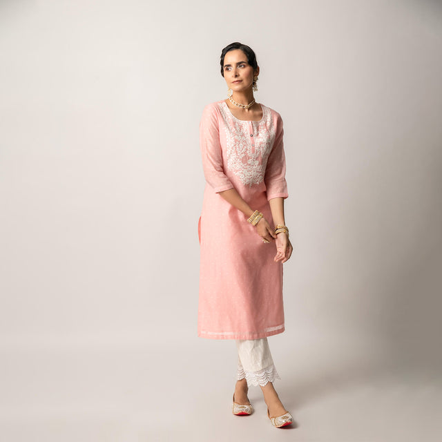 Pink Silk Chanderi Straight Kurta