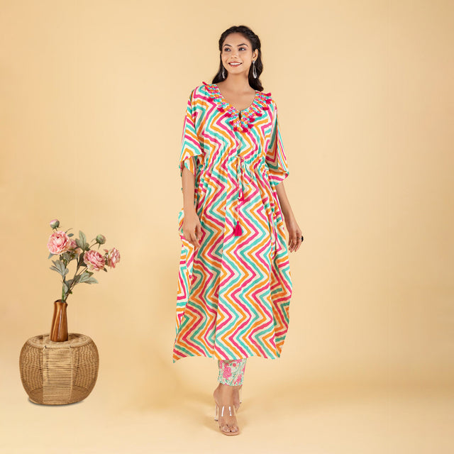 Pink Stripes Print kaftan with Floral Print Pant