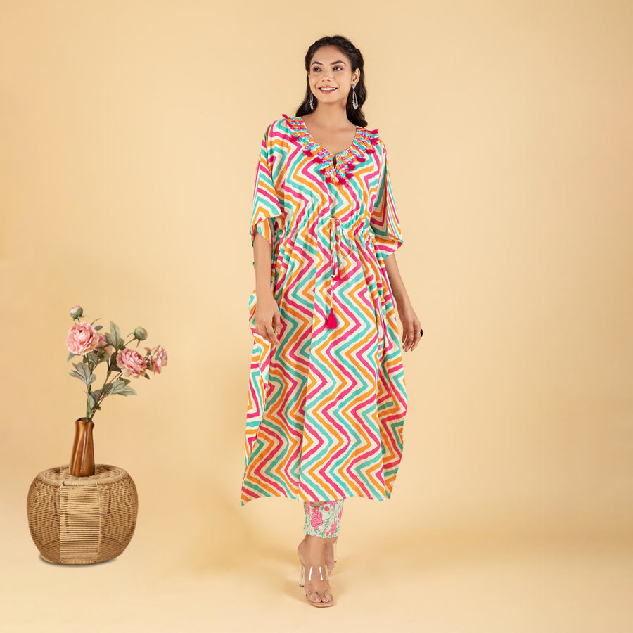 Pink Stripes Print kaftan with Floral Print Pant