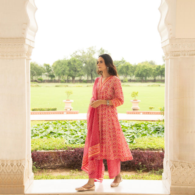 Rani pink Mulmul Kurta Pant Dupatta Set