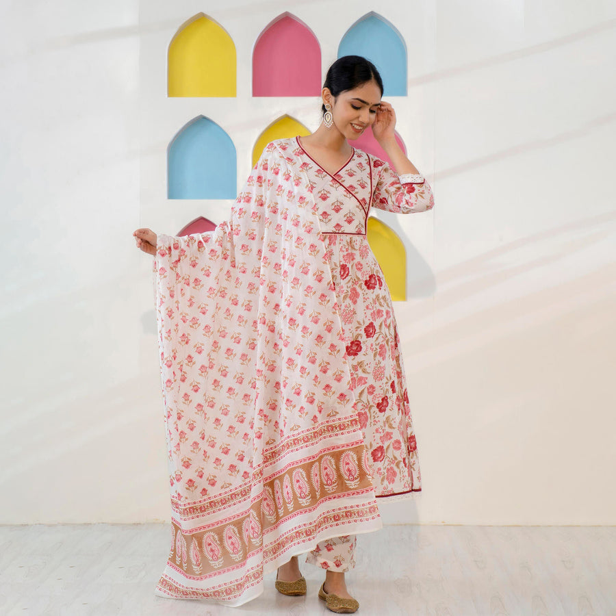 Red and White Printed A-Line Kurta with Pant and Dupatta