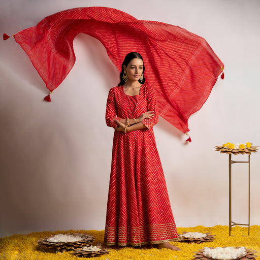 Red Laheriya Print Double layer Kalidaar Kurta with Dupatta