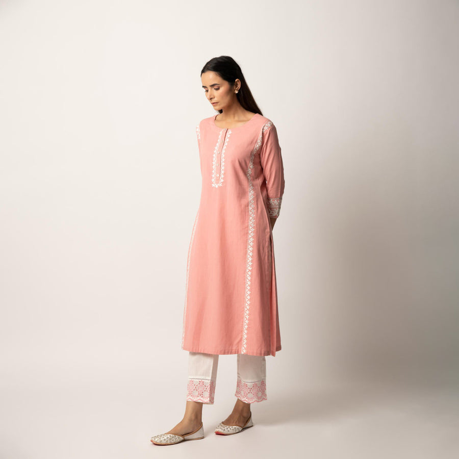 Rose Pink Aari Embroidered Straight Kurta with Pant