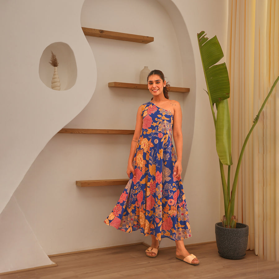 Royal Blue Floral Printed Modal Off Shoulder Dress