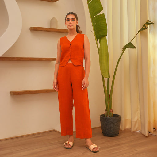 Rust 100% Linen Cropped Vest & Wide Leg Pant Co-Ord