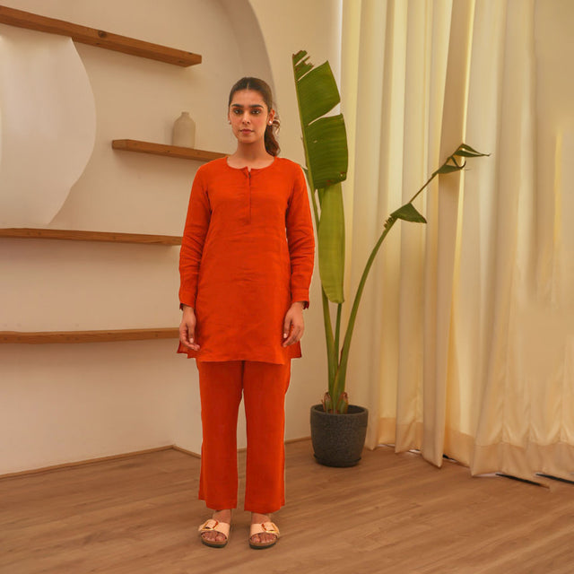 Rust 100% Linen Full Sleeve Comfort Fit Co-Ord Set