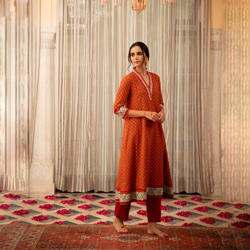 Rust Orange Bandhej Printed Embroidered A-Line Kurta