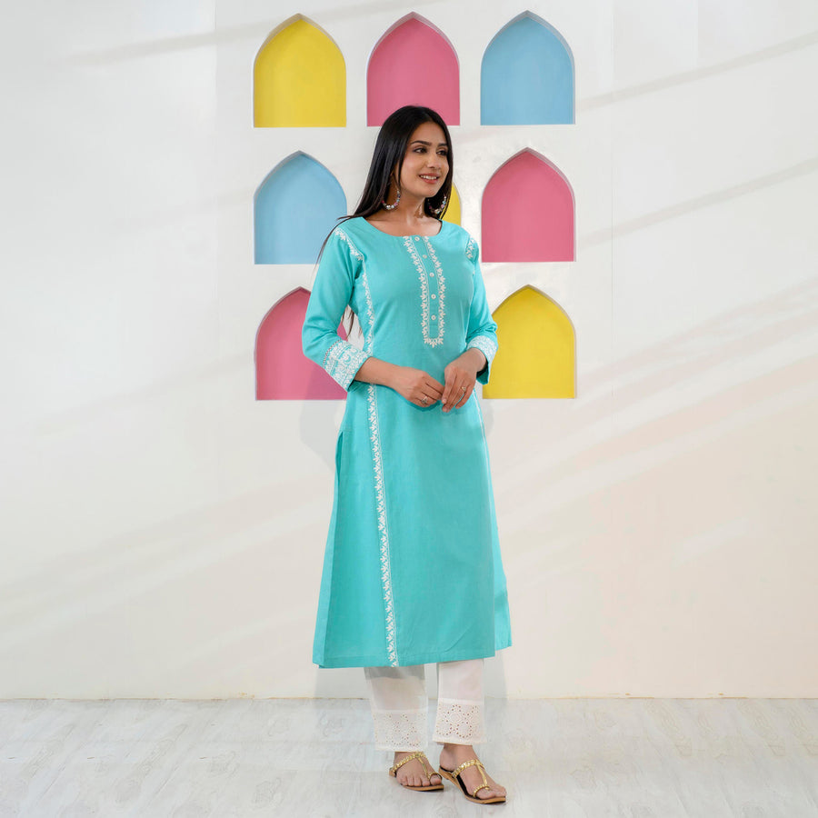 Sea Green Aari Embroidered Straight Kurta