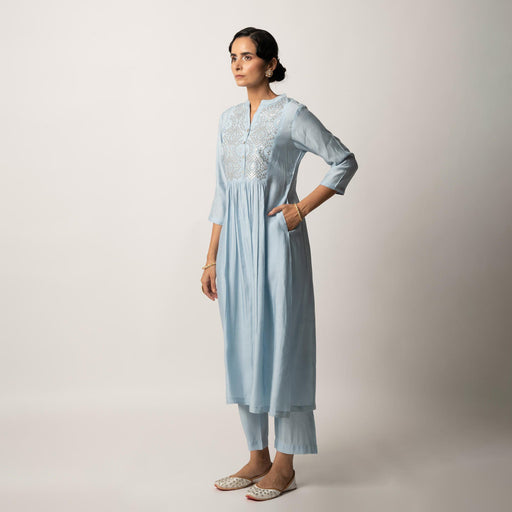 Sky blue gathered A-Line kurta Pant Set