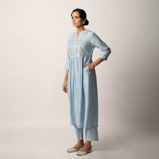 Sky blue gathered A-Line kurta Pant Set