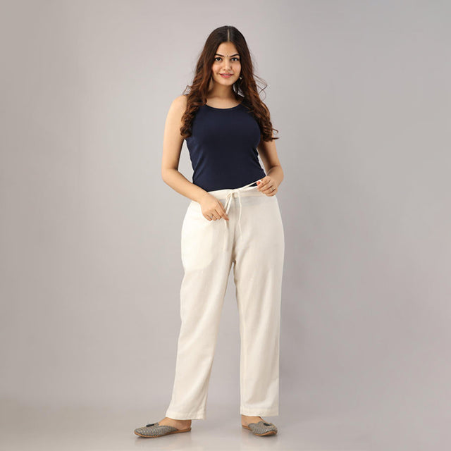 White Cotton Narrow Bottom Flex Pant