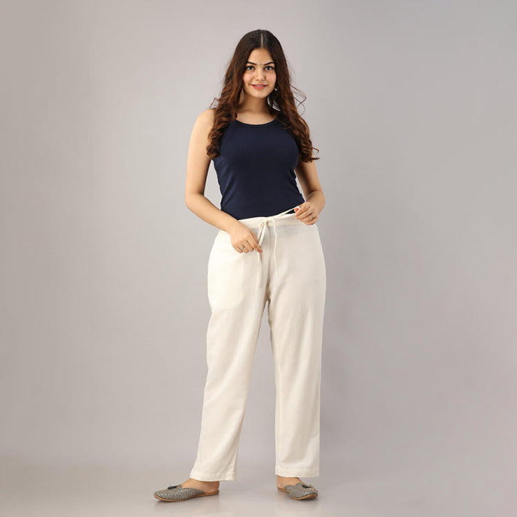 White Cotton Narrow Bottom Flex Pant