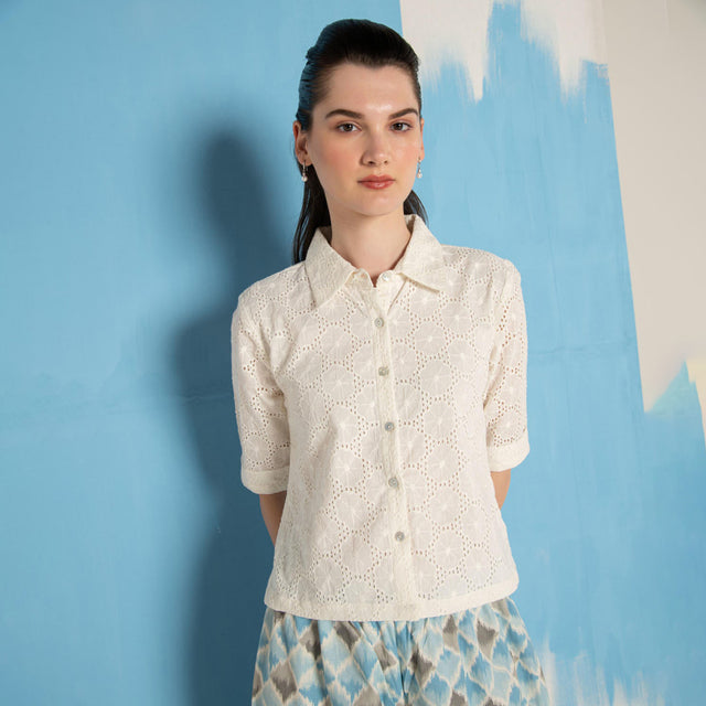 White Cutwork Crop Shirt Top