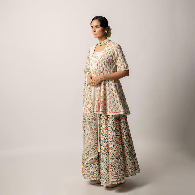 White Floral Print Kurta Skirt and Dupatta