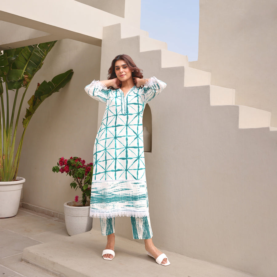 White Tie Dye Printed Cotton Co-Ord Set With Crochet Lace