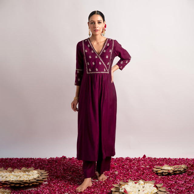 Wine Modal Silk Fabric A-Line Kurta with Pant