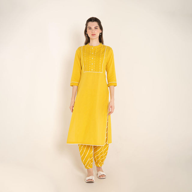 Yellow Cotton Kurta with Cutwork Embroidered Yoke with Stripes Afghani Salwar.