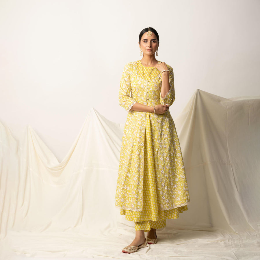 Yellow Floral Gold Print double Layered Flare Dress Kurta