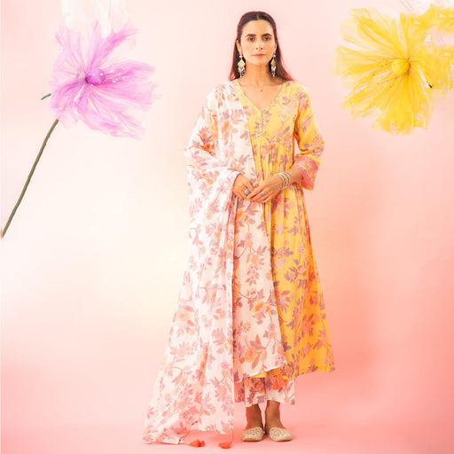 Yellow Floral Printed A-line Gathered Kurta Palazzo Dupatta Set
