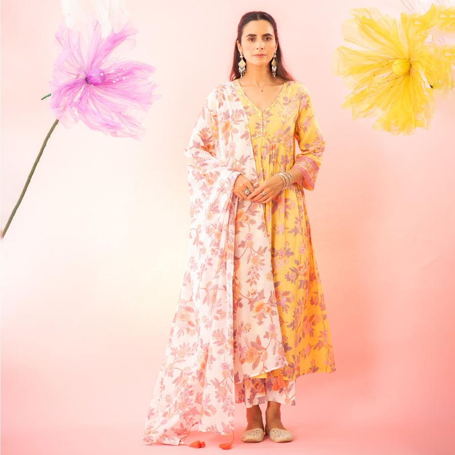 Yellow Floral Printed A-line Gathered Kurta Palazzo Dupatta Set