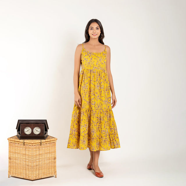 Yellow Floral Printed Gathered Dress