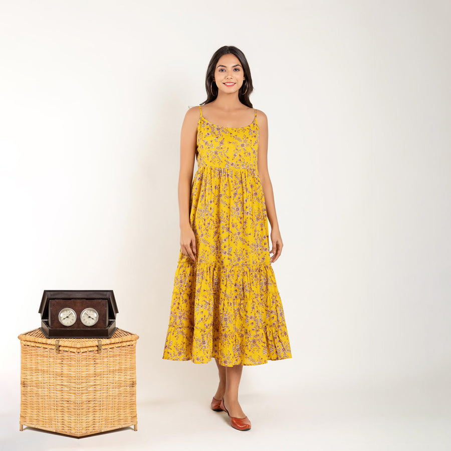Yellow Floral Printed Gathered Dress