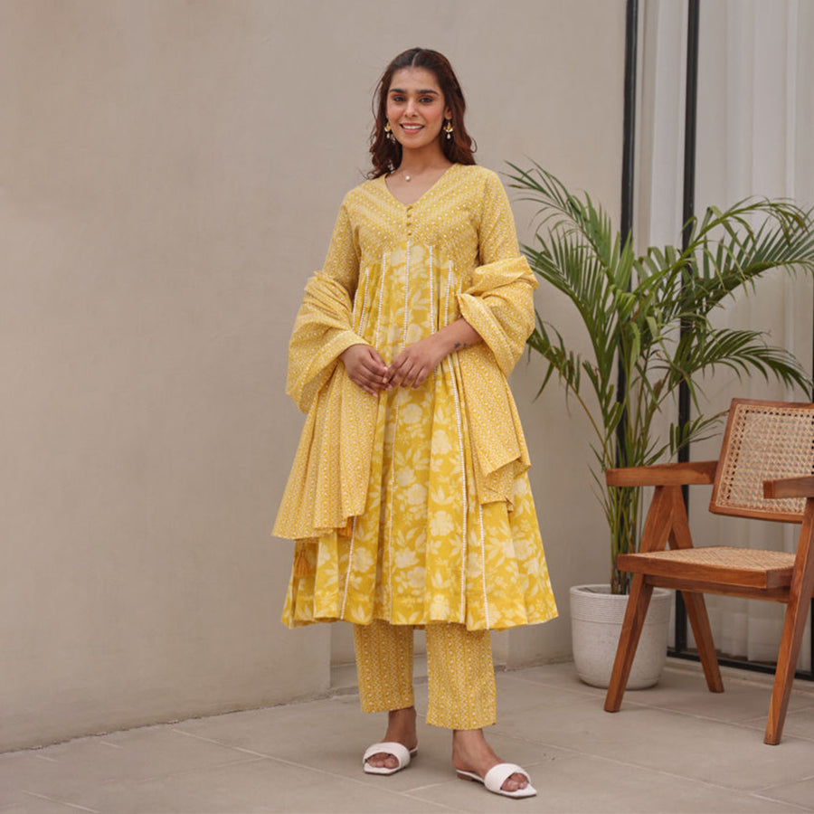 Yellow Floral Printed Mulmul Embroidered  Kurta Pant Dupatta Set With Lace Detail