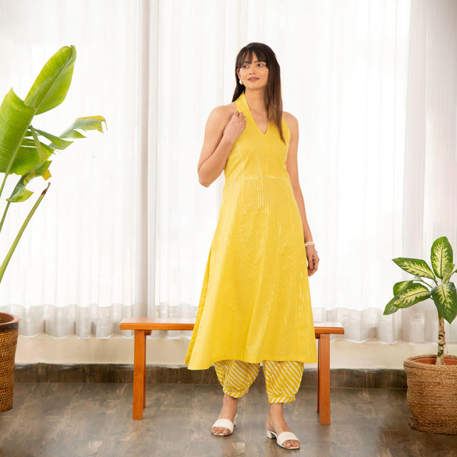 Yellow Lurex Fabric A-Line Kurta with Afghani Salwar