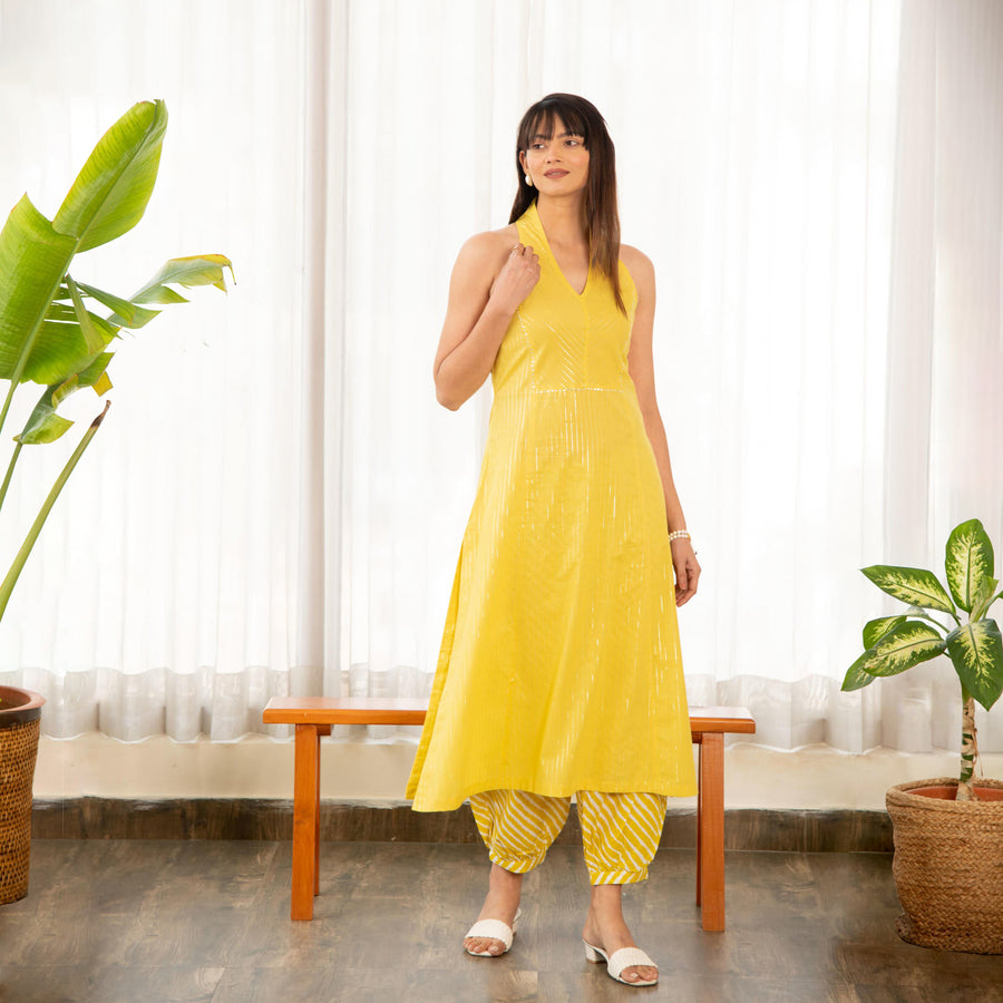 Yellow Lurex Fabric A-Line Kurta with Afghani Salwar