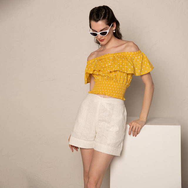 Yellow Polka Dot Off Shoulder Ruffle Crop Top with White Cotton Cutwork Shorts Co-Ord Set
