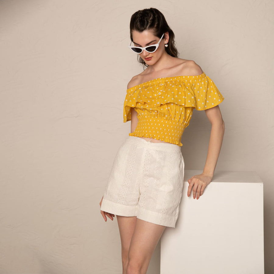 Yellow Polka Dot Off Shoulder Ruffle Crop Top with White Cotton Cutwork Shorts Co-Ord Set