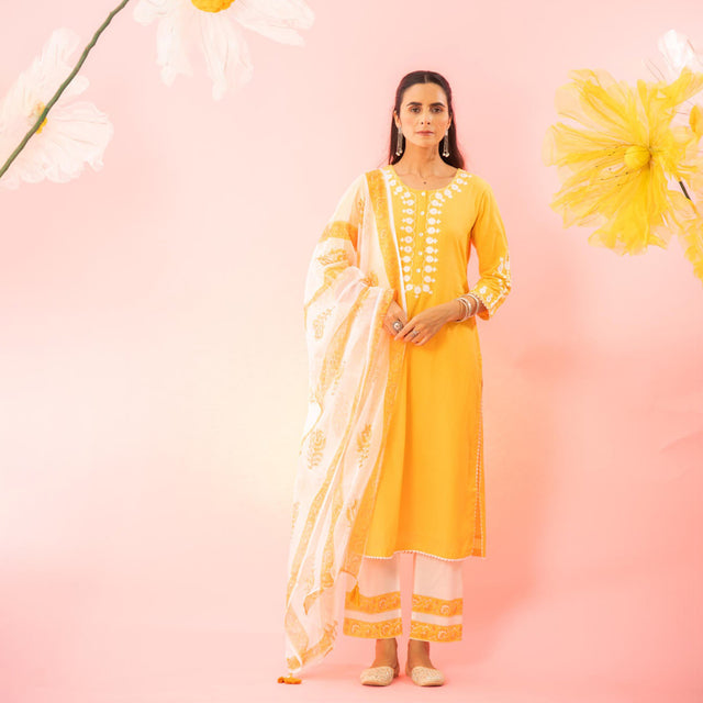 Yellow Woven Dyed Cotton Dobby Kurta Pant Dupatta Set