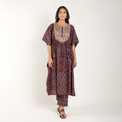 Zari Embroidery Ajrakh Printed Kaftan with pant