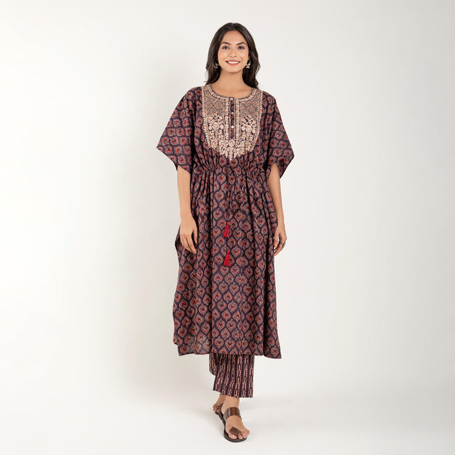 Zari Embroidery Ajrakh Printed Kaftan with pant