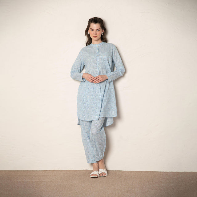 Blue Cotton Printed Loose Fit Up-Down Co-Ords Set.