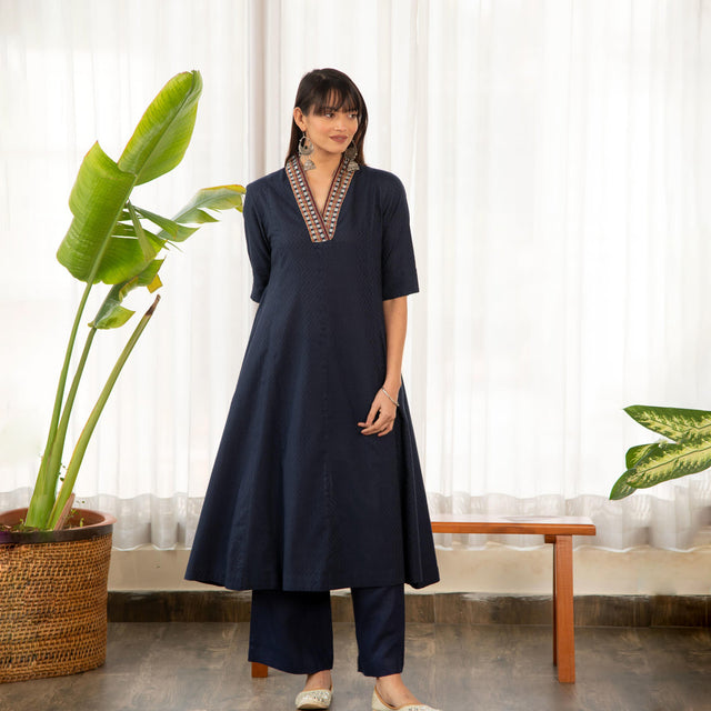 Blue Dobby A-Line Kurta