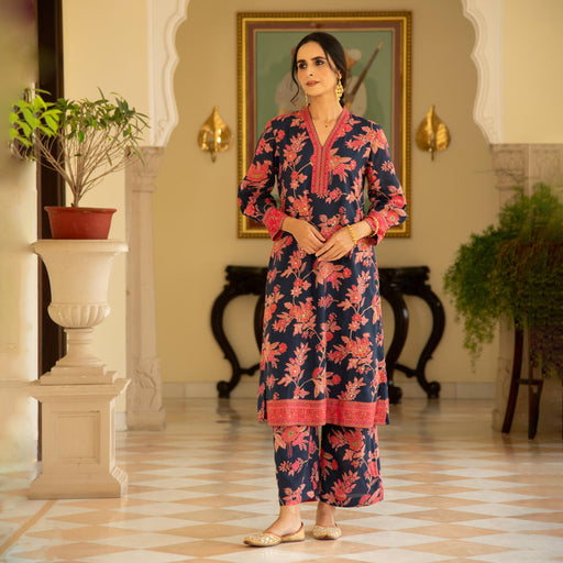 Blue Floral Printed Embroidered Kurta Pant Co-Ord Set