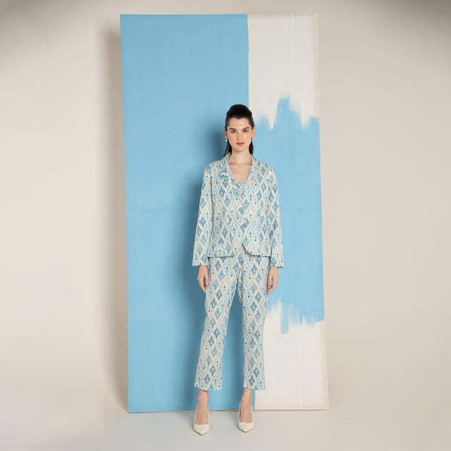 Blue Ikat Print Cotton Flex Lapel Coat Co-Ord (Set of 3)