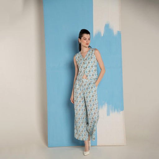 Blue Ikat Cotton Flex Waistcoat & Wide Leg Pant Co-Ord