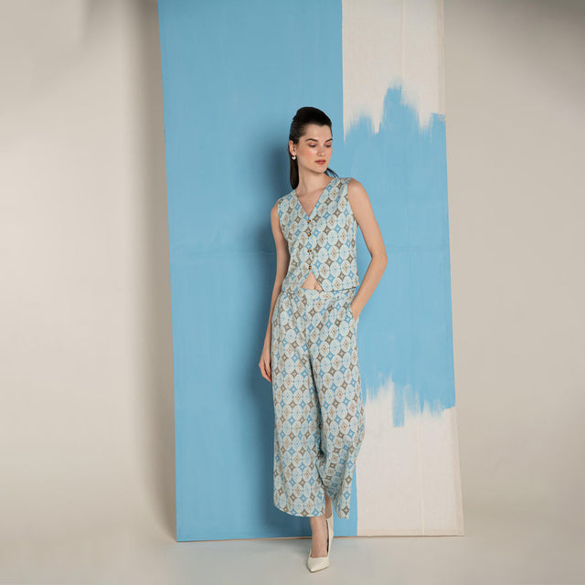 Blue Ikat Cotton Flex Waistcoat & Wide Leg Pant Co-Ord