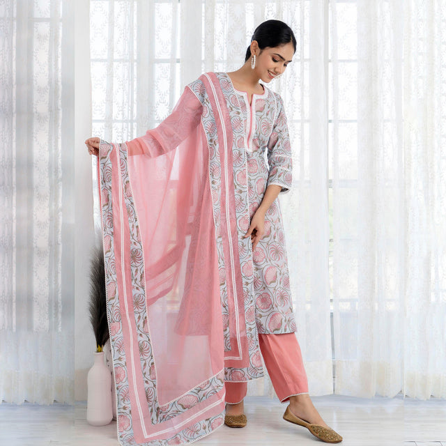Blue printed straight kurta with Pant and Dupatta