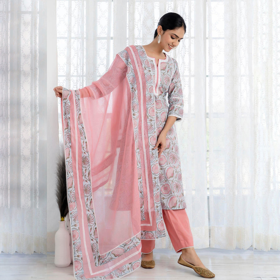 Blue printed straight kurta with Pant and Dupatta