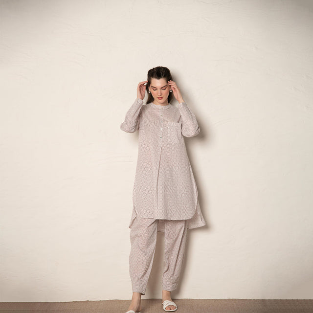 Brown Cotton Printed Loose Fit Up-Down Co-Ords Set.