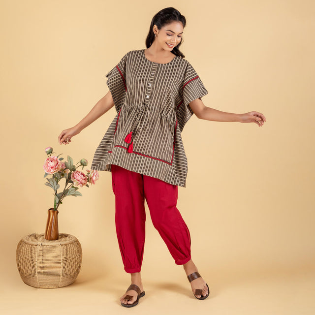 Black and Grey Stripes Printed Short Kaftan