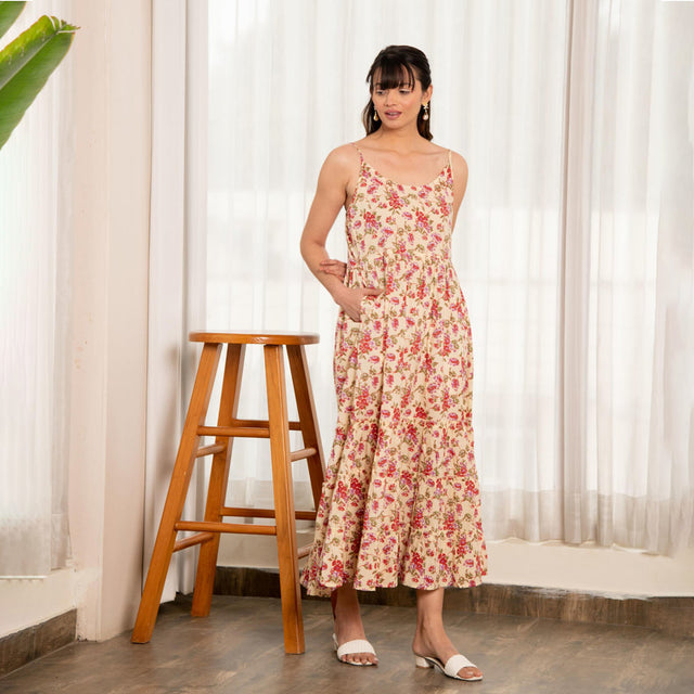 Cream Red Floral Print Gathered Dress